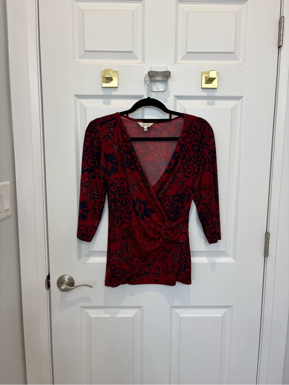 Vintage Jessica Women’s Red Floral Wrap Top with Navy Pattern#1486